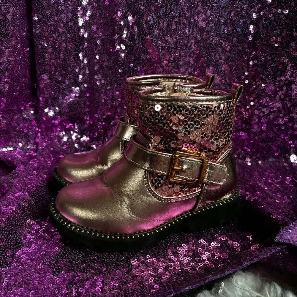 5/$20 Lil Moto Glam Toddler Girl Metallic Pink Sequin Zip Combat Boots Sz 8 GUC